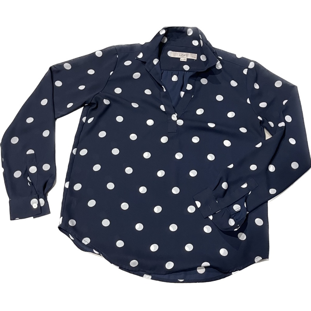 LOFT Women's Classic Top Blouse Long Sleeves Navy White Polka Dot Size XXSP